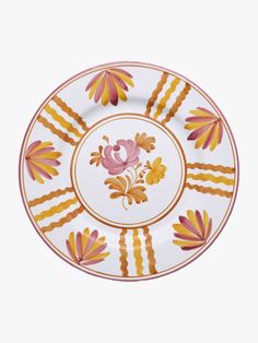 Dinner plate with floral motifs of yellow and burgundy. Yellow Dinner, Yellow And Burgundy, Cabana Magazine, Soup Plating, Italian Ceramics, Plate Stands, Fruit Plate, Pottery Plates, Oval Platter