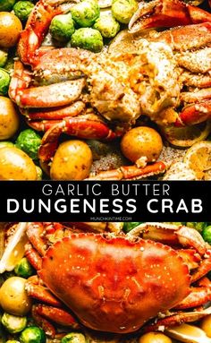 two crabs and potatoes with the words garlic butter dunggeness crab on them in black text