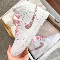 Enhance your look with our Rhinestone Sneakers. Adorned with sparkling Rose Gold-Colored Rhinestones, these sneakers are personalized for you, adding a touch of glamour and comfort to your style. Make a statement and cherish them as a keepsake for years to come.  🎨Artwork: -Exactly as shown in the picture. -Rhinestones are applied. 👟Sneakers: -100 % Authentic Air Jordan Sneakers, purchased at official stores in the US and then customized by our artists. -Mid Tops. 📦What is included: -Artwork. -Sneakers. -White + Satin Laces. -Shipping. 🔙Returns/Exchanges: NO RETURNS. Custom shoes are made to order. If you have any inquiries about your order, please email/message us, and we will be happy to assist you. 🖌️Custom Order: -For custom requests, please send us a message first. -Mock-up is pr Luxury Custom Sneakers With Laces For Women, Rose Gold Jordans, Pink High-top Sneakers With Rhinestones, Pink Embellished Low-top Sneakers, Pink Bedazzled Low-top Sneakers, Quince Decorations Rose Gold, Quince Shoes Sneakers, Rhinestone Sneakers, Quinceanera Shoes