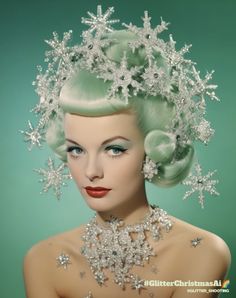 a woman with green hair wearing a snowflaked tiara and pearls on her head