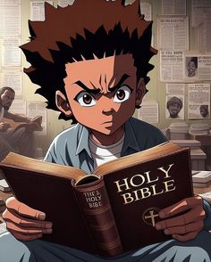 an anime character is reading a bible