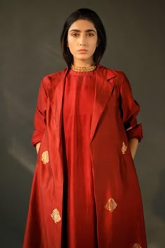 Red long jacket with brocade motifs and side pockets. Components:1 Neckline:Lapel Sleeve Length:Three fourth Fabric:Banarasi Brocade Silk Color:Red Gather detail at the back Note: Dress worn by model is not for sale. - Aza Fashions Silk Long Jackets For Women, Banarasi Jacket Suit, Jacket Kurta Woman, Brocade Jacket Outfit, Silk Coats For Women, Brocade Kurti Designs Latest, Brocade Jackets Women, Banarasi Kurti Designs Latest, Kurta With Jacket Women