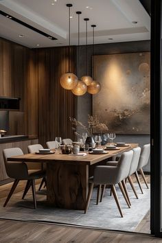 #homedecor, #interiordesign, #homedesign, #decor inspiration Dining Room Decor Wood, Dining Room Ideas Modern Luxury, Modern Dinning Ideas, Dining Room Dark Table, Dinning Room Decor Ideas Modern Luxury, Lux Dining Room, Dining Table Design Modern Luxury, Dining Table Lighting Ideas, Rh Dining Room