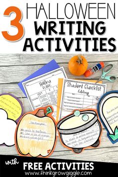 three halloween writing activities with pumpkins, scissors and other items on the wooden table