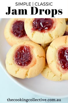 jam drop cookies on a white plate with text overlay