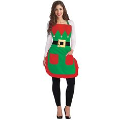 a woman wearing an apron and santa clause hat, standing in front of a white background