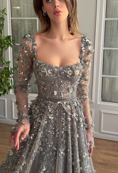 Embroidered Evening Gown, Unique Gown Design, Glittery Gown, Teuta Matoshi Dresses, Gray Gown, Sequin Dress Long, Gown With Long Sleeves, Teuta Matoshi, Bridal Dresses Vintage