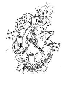 a drawing of a clock with roman numerals on the face and an arrow in the middle