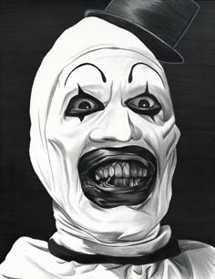 a black and white drawing of a creepy clown wearing a top hat with his mouth open