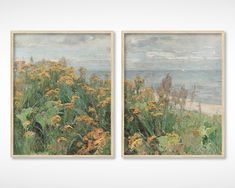 two paintings of yellow flowers in front of a body of water with clouds above them