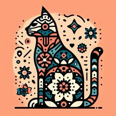 a cat is sitting in the middle of an orange background with blue and pink designs on it