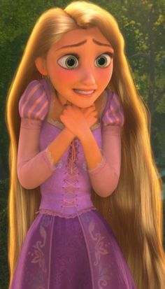 a cartoon girl with long blonde hair wearing a purple dress and holding her hands together