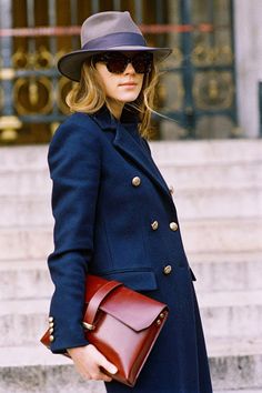 Fedora Women, Vanessa Jackman, Head Gear, Blue Coat, Women Street, Street Style Chic, Pea Coat, Street Chic, Looks Style