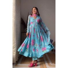 Anarkali Dress Indian, Flared Anarkali, Floral Anarkali, Blue Wedding Gowns, Traditional Gowns, Indian Wedding Wear, Printed Gowns, Anarkali Gown