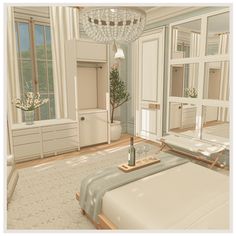 a bedroom with white furniture and chandelier hanging from the ceiling