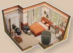 an aerial view of a bedroom with a bed, television and other items in it