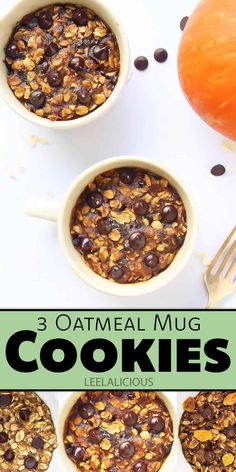 three oatmeal mug cookies with chocolate chips and pumpkins