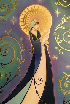 a painting of a woman holding a sun in her hand with stars and swirls on the background