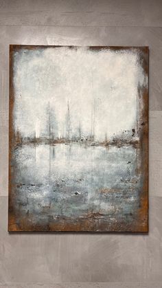 an abstract painting on the wall with water and boats in the background, it looks like there is no image to describe