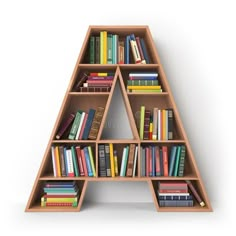 a bookshelf made out of wooden shelves filled with books, on white background