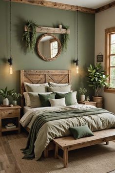 a bedroom with green walls and wooden bed frame in the center, surrounded by potted plants