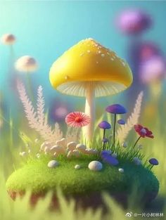 an image of a mushroom in the grass with other mushrooms around it on a sunny day