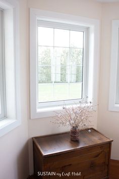 a vase with flowers sitting on top of a wooden dresser in front of two windows