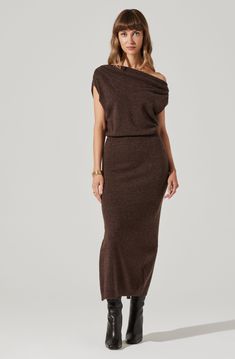 Asymmetrical one shoulder midi sweater dress Perfect for work to wherever Right side knee slit Pull on style 50% Acrylic, 45% Nylon, 5% Wool Dry clean only Style #ACDR102442 Suede Dress Winter, Dress With Sweater Over It, Sweater Dress With Boots, One Shoulder Sweater, Midi Sweater Dress, Wool Sweater Dress, Short Loungewear, Asymmetrical Sweater, Fall Dress