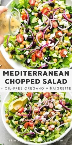 mediterranean chopped salad with olives, red onion, and feta cheese in a white bowl