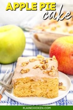 an apple pie cake on a plate with apples in the background and text overlay