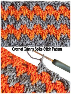 the crochet granny stitch stitch pattern is shown in two different colors and has a hook