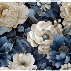 blue and white flowers on a black background