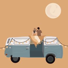 two people sitting on the back of a van with lights strung from it's roof