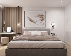 a bedroom with a large bed and white walls