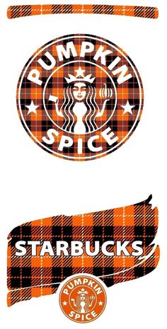 the starbucks logo is shown in orange and black checkered fabric with an orange ribbon around it