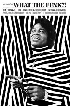 an advertisement for the album what the funky? by james brown, featuring a man in black and white striped shirt