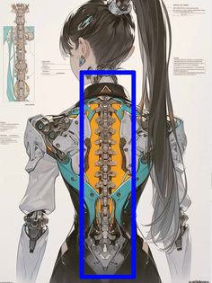 the back of a woman's head with long hair and mechanical parts on it