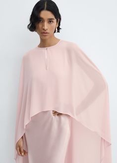 Asymmetric semi-transparent cape - Woman | MANGO USA Mother Of The Bride Hats, Tulip Pants, Silk Cape, Pink Cape, Modern Kebaya, Winter Wedding Guest Dress, Lace Cape, Cape Tops, Winter Wedding Guests