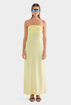 Venroy - Womens Beaded Strapless Maxi Dress | Venroy | Premium Leisurewear designed in Australia Dress With Beads, Yellow Bridesmaids, Linen Tshirts, Linen Jackets, Strapless Maxi, Strapless Maxi Dress, Dallas Wedding, Invisible Zip, Pastel Yellow