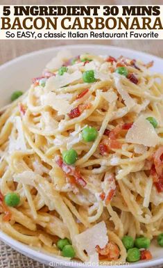 a plate of pasta with peas, bacon and parmesan cheese on top is featured in this recipe