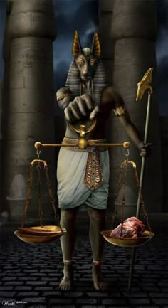 an egyptian god holding two scales with meat on them