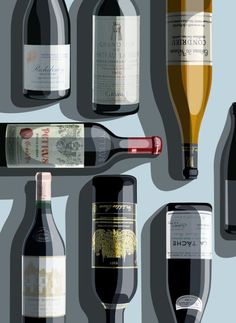 several bottles and glasses of wine are arranged in a pattern on a gray background with shadows