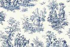 a blue and white toiler print wallpaper with people in the woods on it