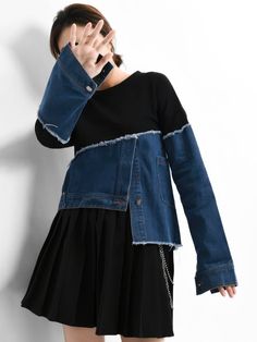 Trendy Denim Top With Frayed Hem, Edgy Dark Wash Tops For Spring, Edgy Dark Colored Top For Spring, Trendy Frayed Hem Denim Top For Fall, Trendy Fall Denim Top With Frayed Hem, Trendy Cutoff Tops For Fall, Long Sleeve Dark Wash Denim Top With Frayed Hem, Trendy Black Denim Top For Spring, Trendy Cutoff Denim Top