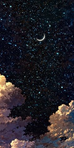 the night sky is filled with stars, clouds and a crescent in the middle of it