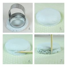 four pictures showing how to make a cake