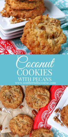 three cookies with pecans on top and the title reads coconut cookies with pecans