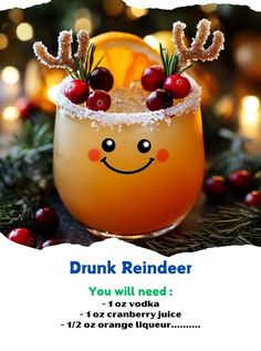 a drink with reindeer antlers on it and the words drunk reindeer you will need 1oz vodka