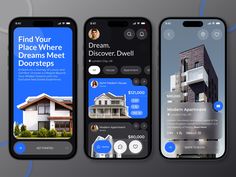 three smartphones displaying different app designs for real estate agent and homeownership