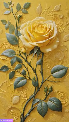 a painting of a yellow rose with green leaves and swirls on a yellow background